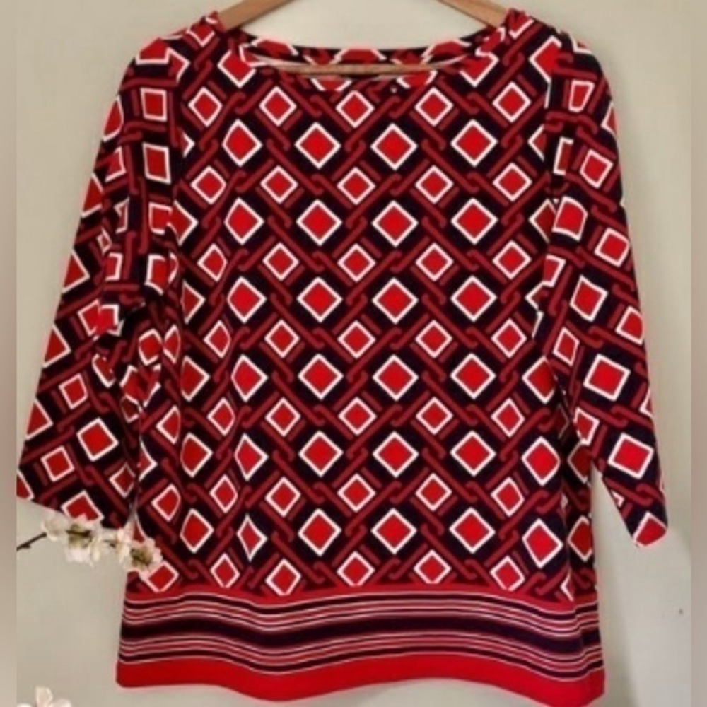 Talbots red blue boat neck 3/4  inch sleeve shirt blouse size small